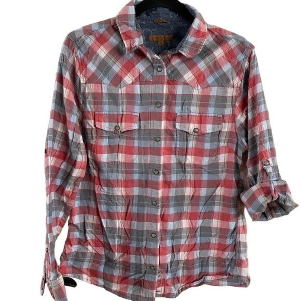 Jachs Girlfriend Women’s Coral & Tan Plaid Snap Button Up Flannel Shirt Med